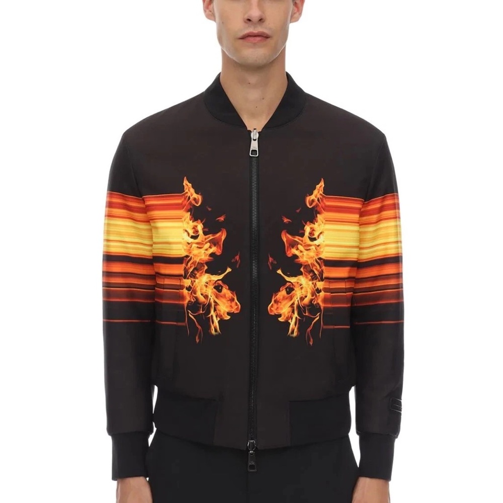 Neil Barrett Flame Print Bomber Jacket Black Orange Fire Graphic Designer Jacket